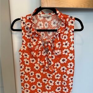 LOFT Orange and White Floral Tie-Neck Blouse